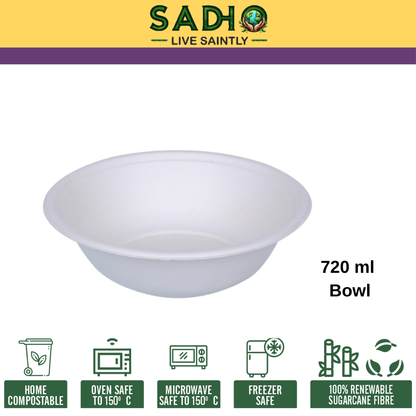 24oz (720 ml) bowls (Round) made of Bleached White Bagasse