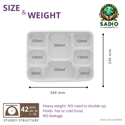 Sadho 8 compartment meal tray bagasse white compostable tray microwave freezer oil resistant Measurement