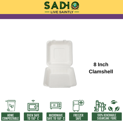 8 inch (21 cm) Clamshell  made of Bleached White Bagasse