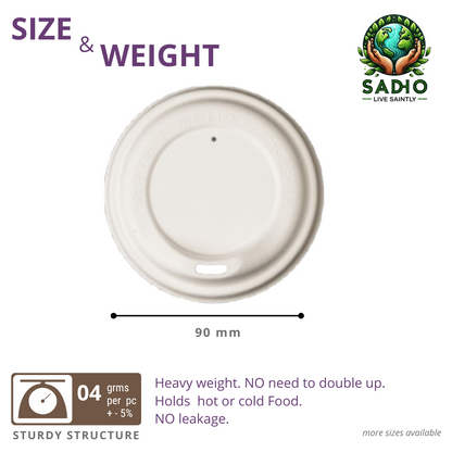 90 mm Lids for cups made of Bleached White Bagasse