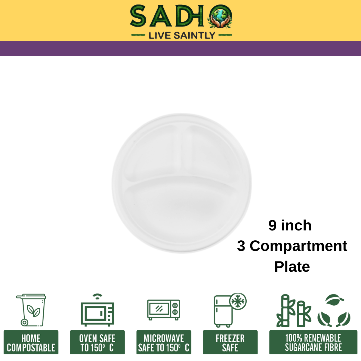 9 inch (23cm) plates with 3 Compartments (Round) made of Bleached White Bagasse