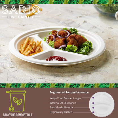 9 inch (23cm) plates with 3 Compartments (Round) made of Bleached White Bagasse