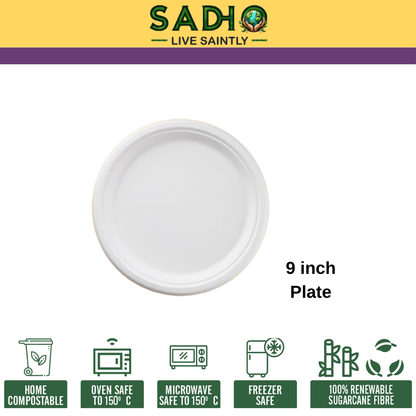 9 inch (23cm) plates (Round) made of Bleached White Bagasse