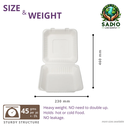 9 inch (23 cm) Clamshell  made of Bleached White Bagasse