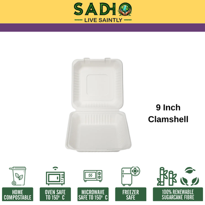 9 inch (23 cm) Clamshell  made of Bleached White Bagasse