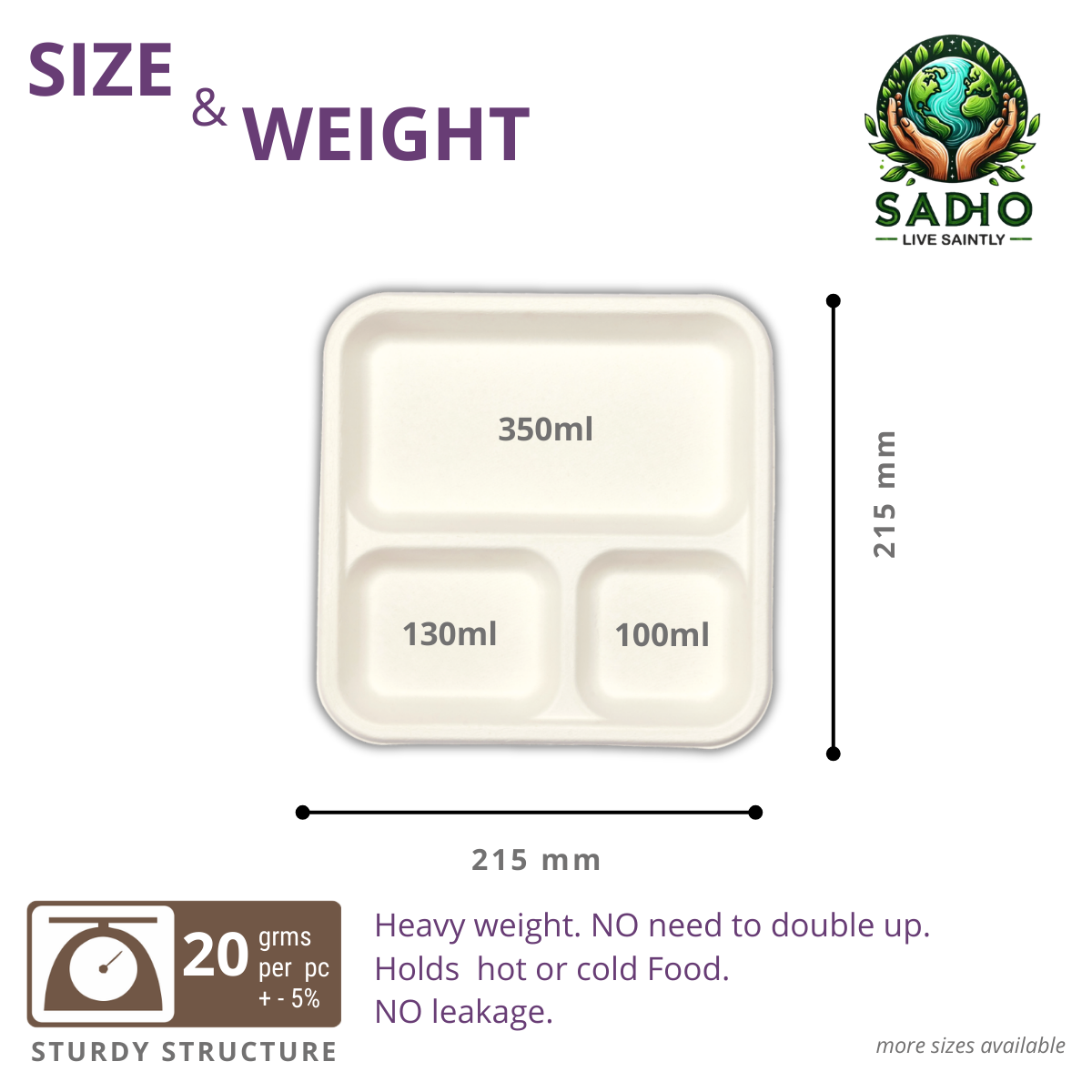 Sadho 3 Compartment Meal Tray Bagasse (white) - Compostable Trays, Bio-degradable, Microwave, freezer, and oil-resistant, Measurement chart