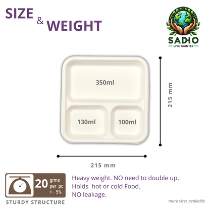Sadho 3 Compartment Meal Tray Bagasse (white) - Compostable Trays, Bio-degradable, Microwave, freezer, and oil-resistant, Measurement chart