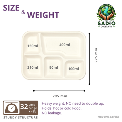 Sadho 5 Compartment Meal Tray Bagasse (white) - Compostable Trays, Bio-degradable, Microwave, freezer, and oil-resistant, Measurement 