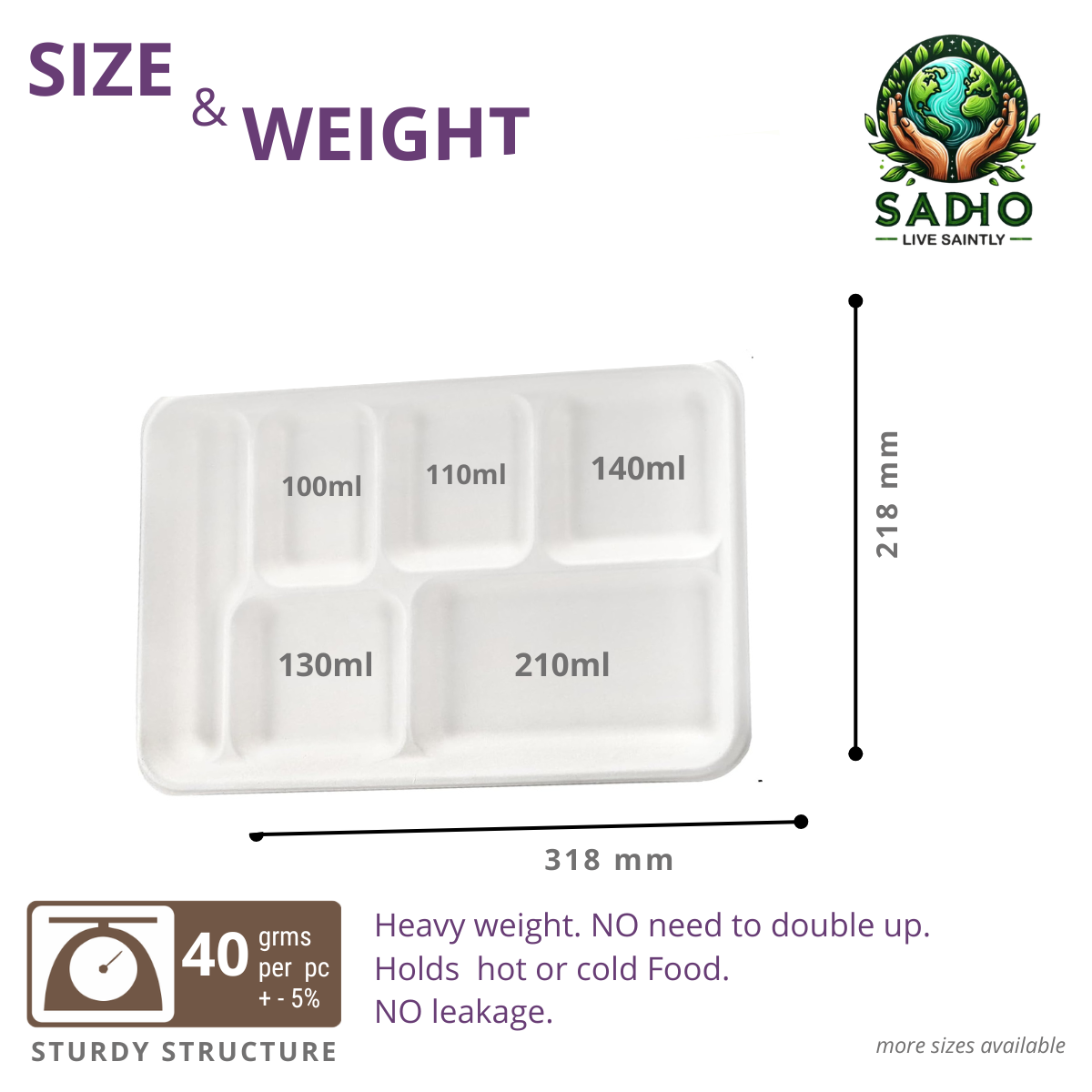 Sadho 6 compartment School meal tray bagasse white compostable tray microwave freezer oil resistant Measurement