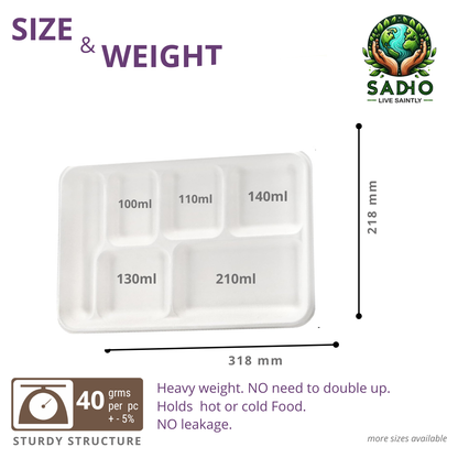 Sadho 6 compartment School meal tray bagasse white compostable tray microwave freezer oil resistant Measurement