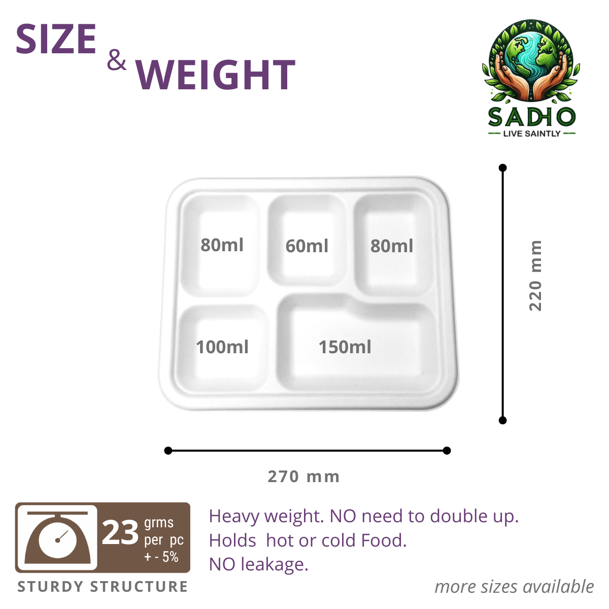 5 Compartment Kids Meal Tray Bagasse (White)