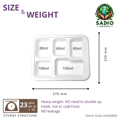 5 Compartment Kids Meal Tray Bagasse (White)