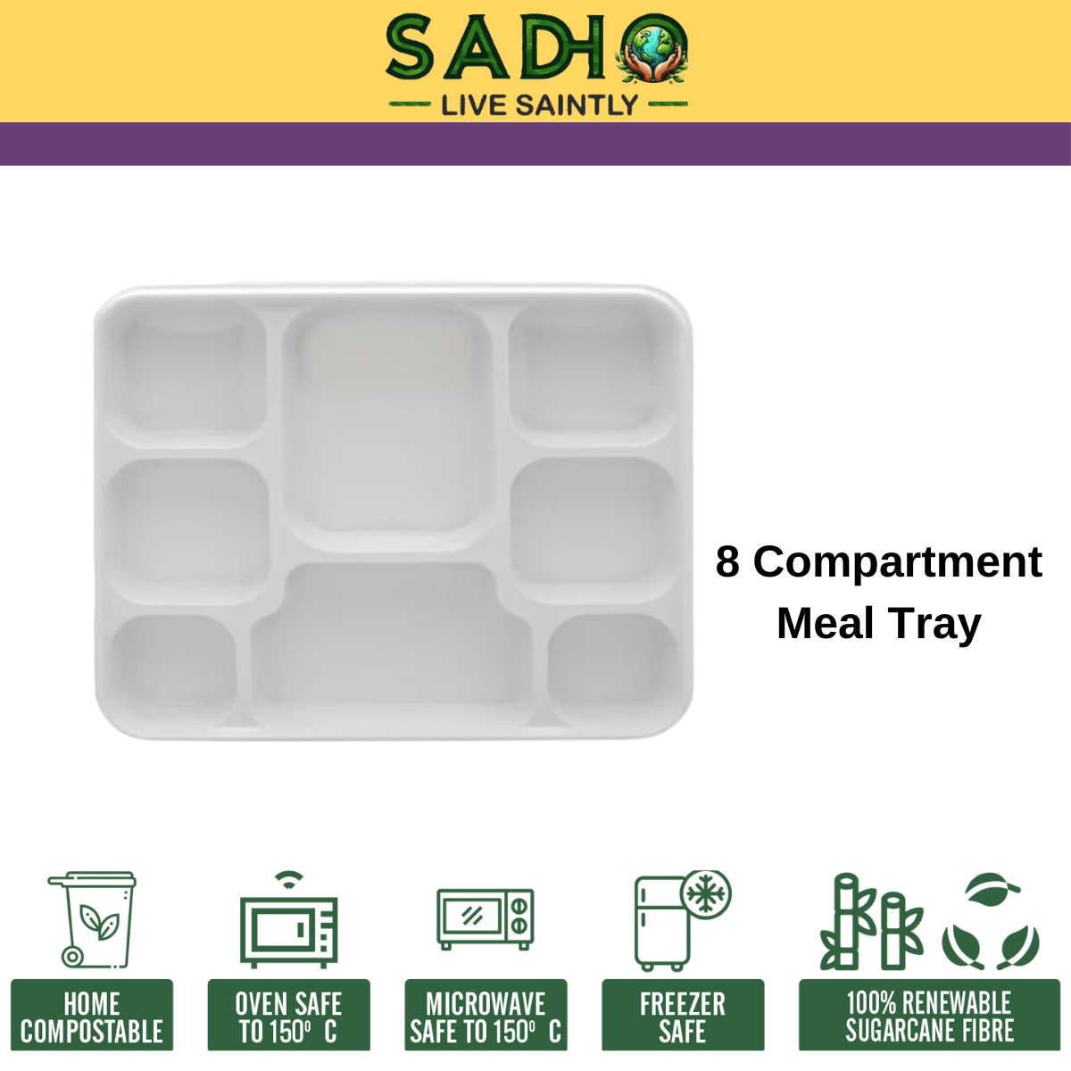 Sadho 8 compartment meal tray bagasse white compostable tray microwave freezer oil resistant Features