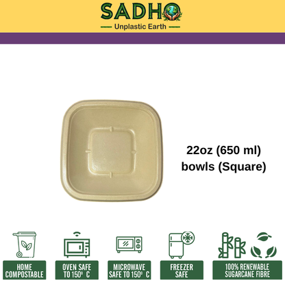 22oz (650 ml) bowls (Square) made of Unbleached Brown Bagasse