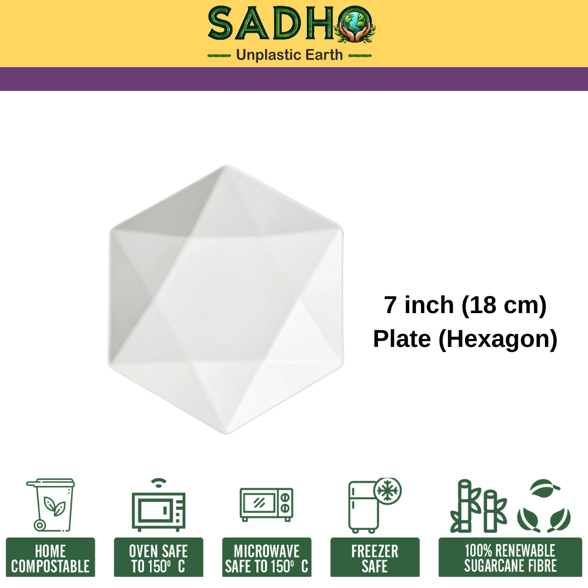 7 inch (18cm) Plates (Hexagon) Bagasse (White)