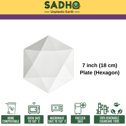 7 inch (18cm) Plates (Hexagon) Bagasse (White)