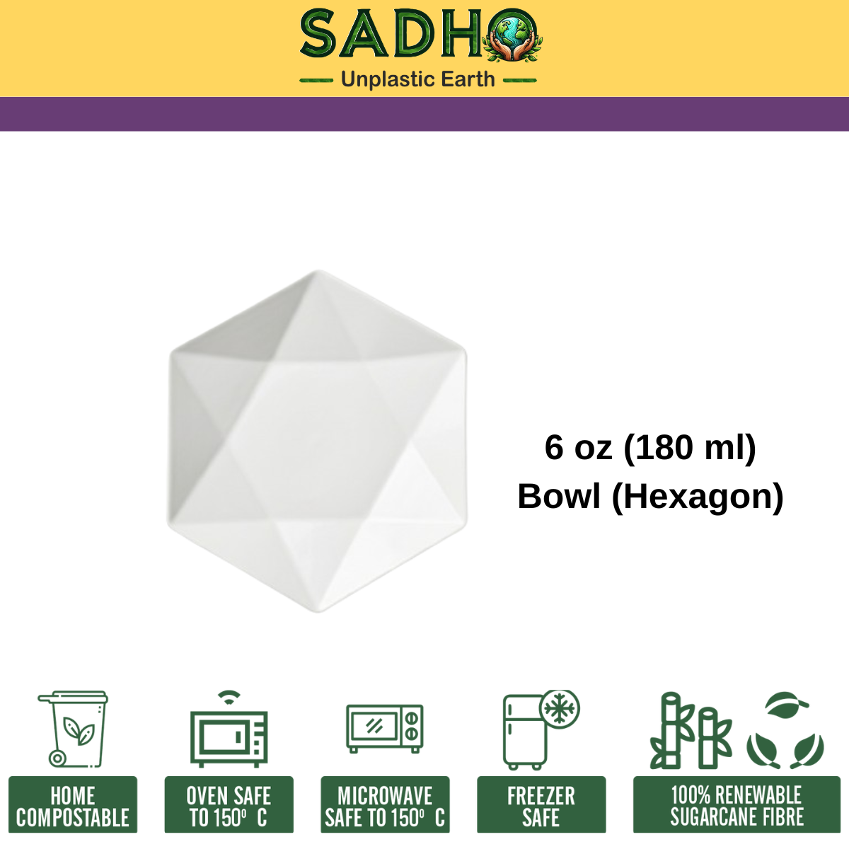 6oz (180 ml) Bowls (Hexagon) Bagasse (White)