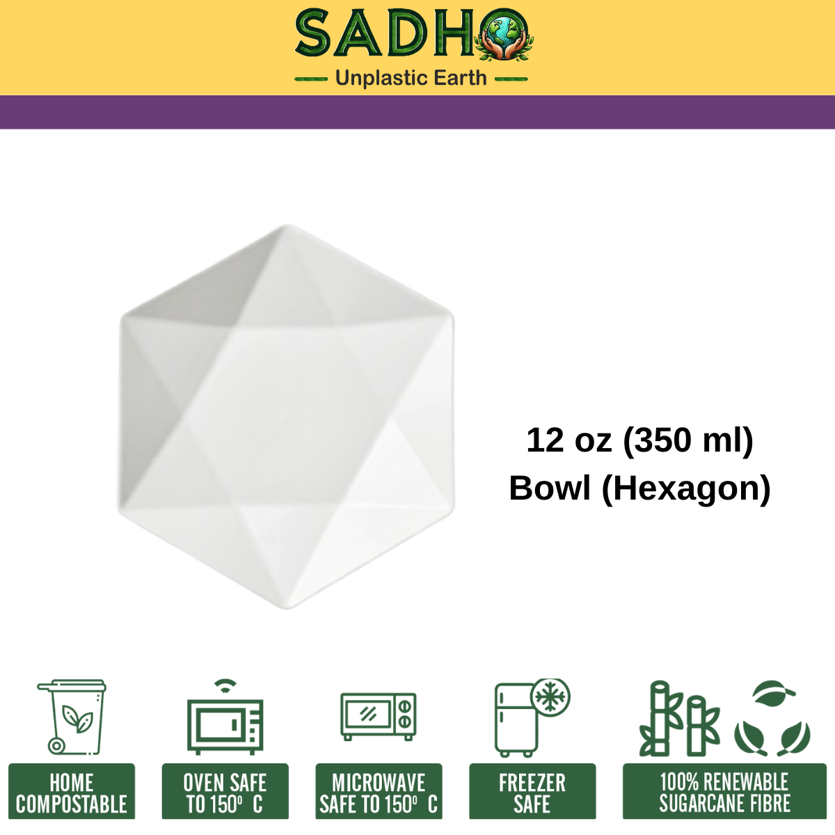 12oz (360 ml) Bowls (Hexagon) Bagasse (White)