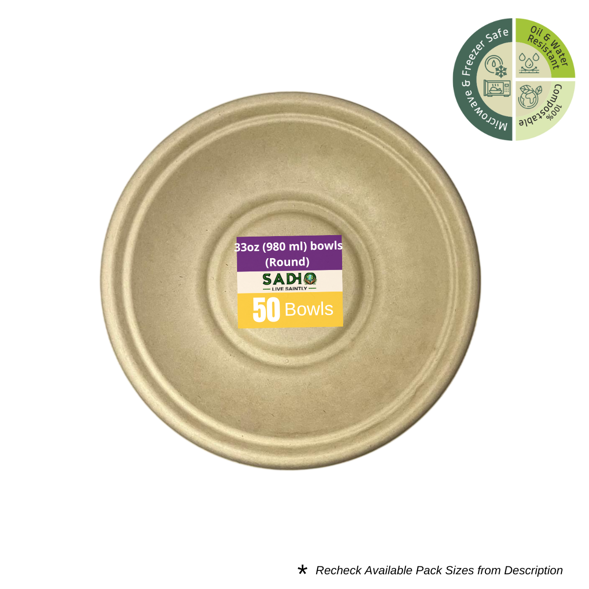 33oz (980 ml) Premium bowls (Round) made of Unbleached Brown Bagasse