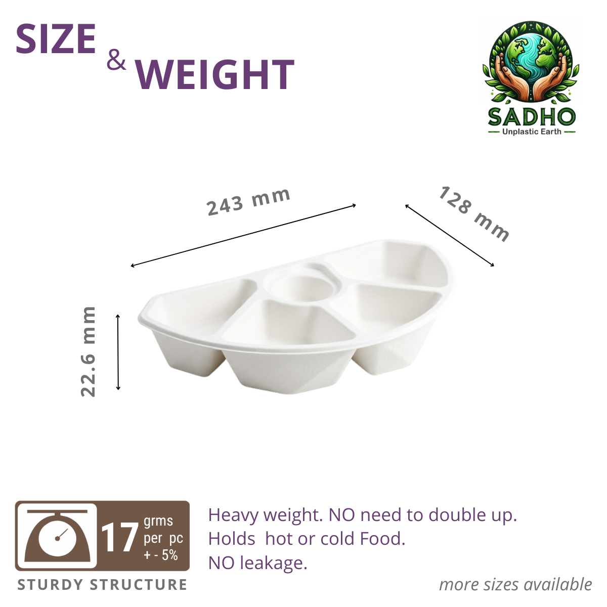 5 Compartment Half Round Tray Bagasse (White)