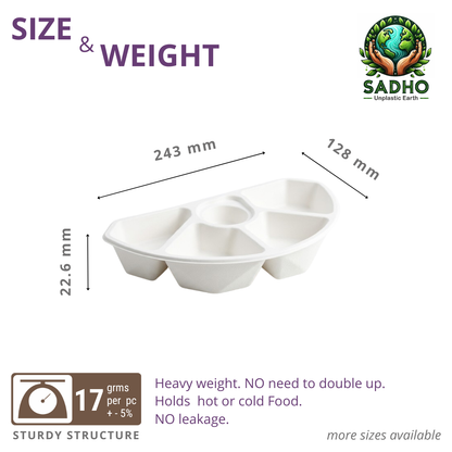 5 Compartment Half Round Tray Bagasse (White)