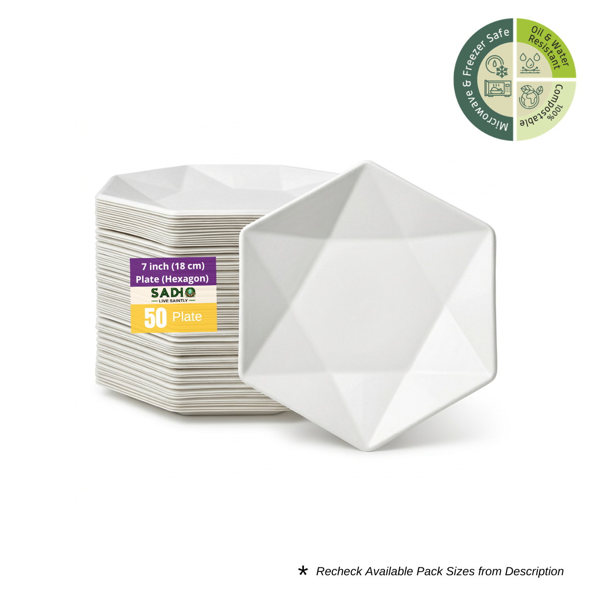 7 inch (18cm) Plates (Hexagon) Bagasse (White)