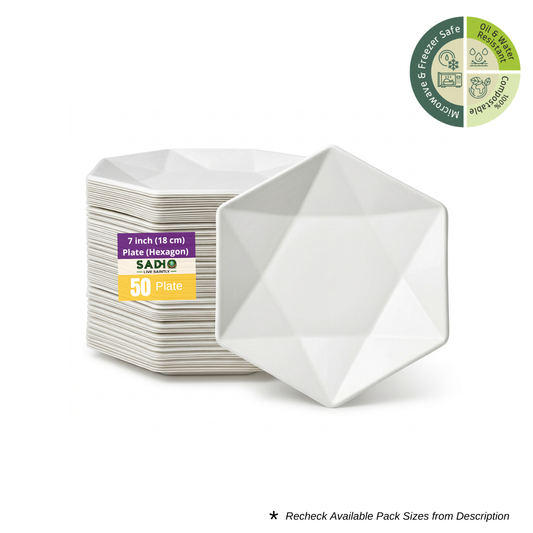 7 inch (18cm) Plates (Hexagon) Bagasse (White)