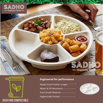 6 Compartment Round Tray Bagasse (White)