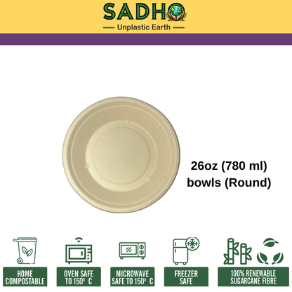 26oz (780 ml) bowls (Round) made of Unbleached Brown Bagasse