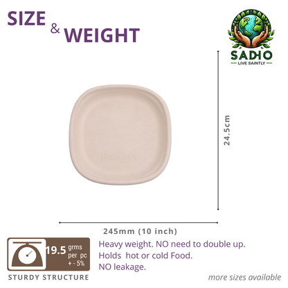 10 inch (25cm) plates (Square) made of Unbleached Brown Bagasse