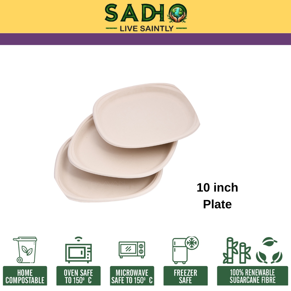 10 inch (25cm) plates (Square) made of Unbleached Brown Bagasse