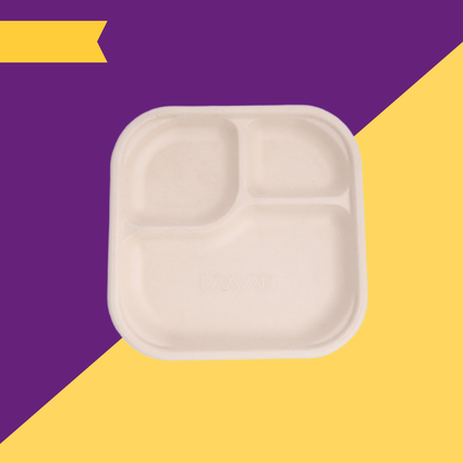 3 Compartment Meal Tray made of Unbleached Brown Bagasse