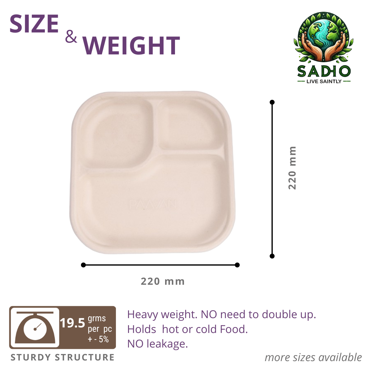 3 Compartment Meal Tray made of Unbleached Brown Bagasse