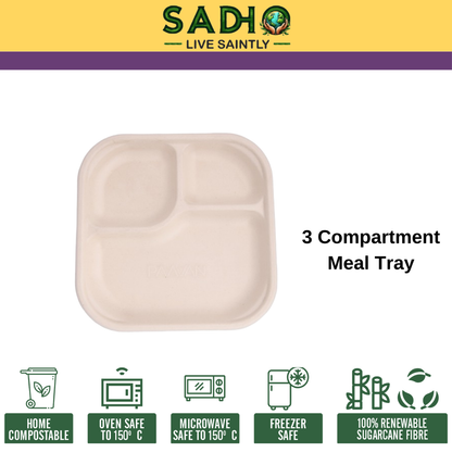 3 Compartment Meal Tray made of Unbleached Brown Bagasse