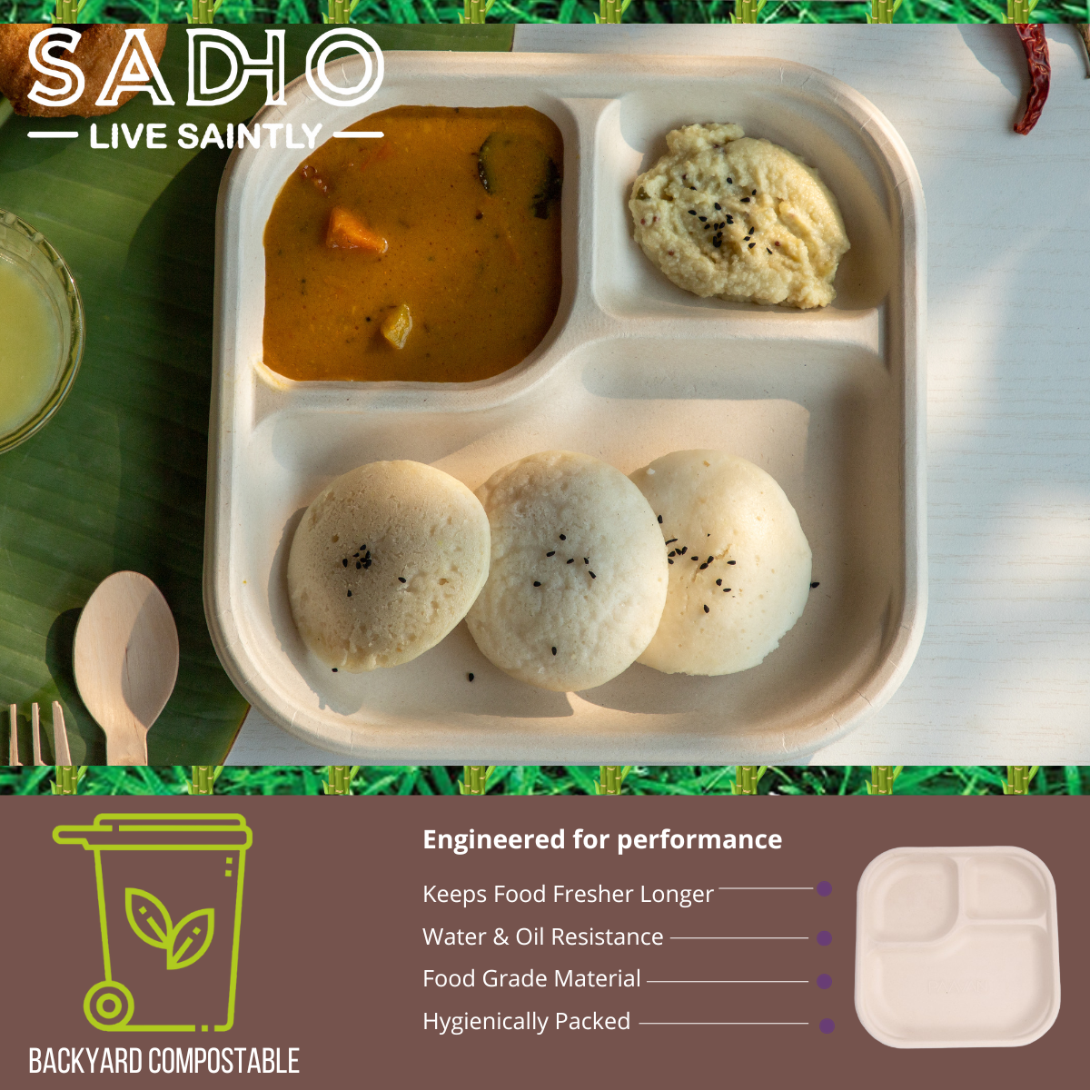 3 Compartment Meal Tray made of Unbleached Brown Bagasse