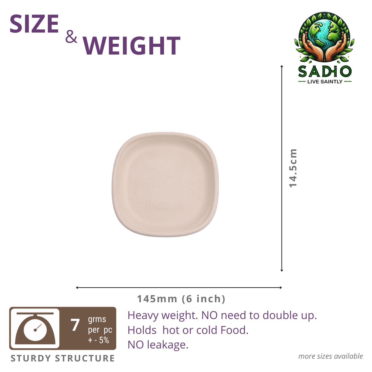 6 inch (14.5cm) plates (Square) made of Unbleached Brown Bagasse