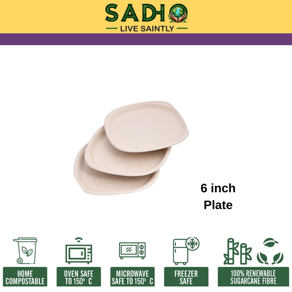 6 inch (14.5cm) plates (Square) made of Unbleached Brown Bagasse