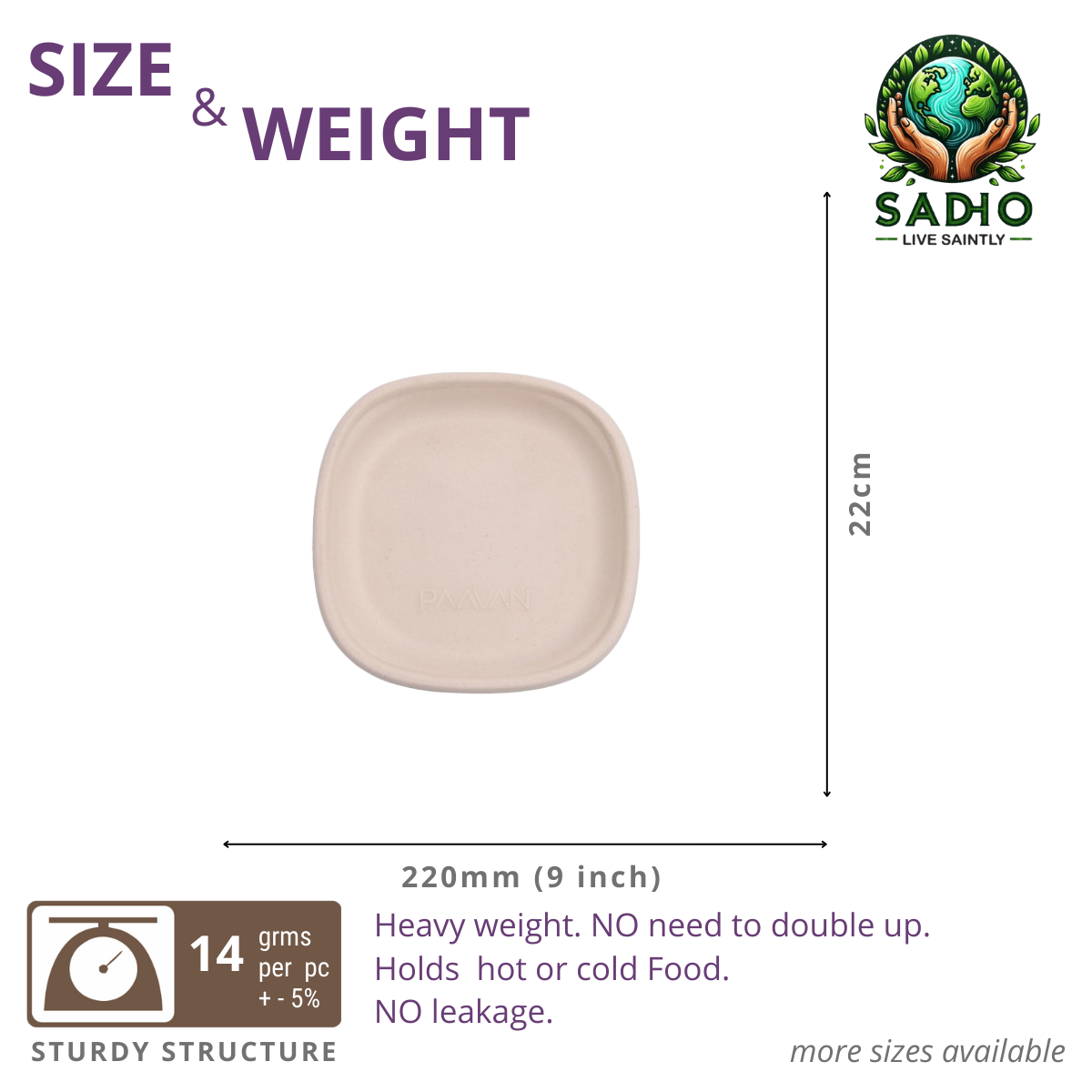 9 inch (23cm) plates (Square) made of Unbleached Brown Bagasse