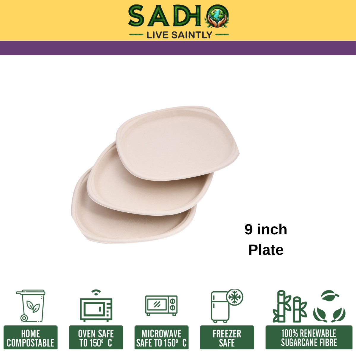 9 inch (23cm) plates (Square) made of Unbleached Brown Bagasse