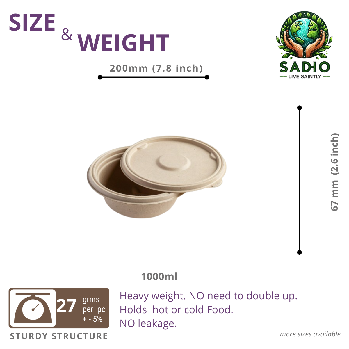 1000 ml (32oz) Round Bowl made of Unbleached Brown Bagasse