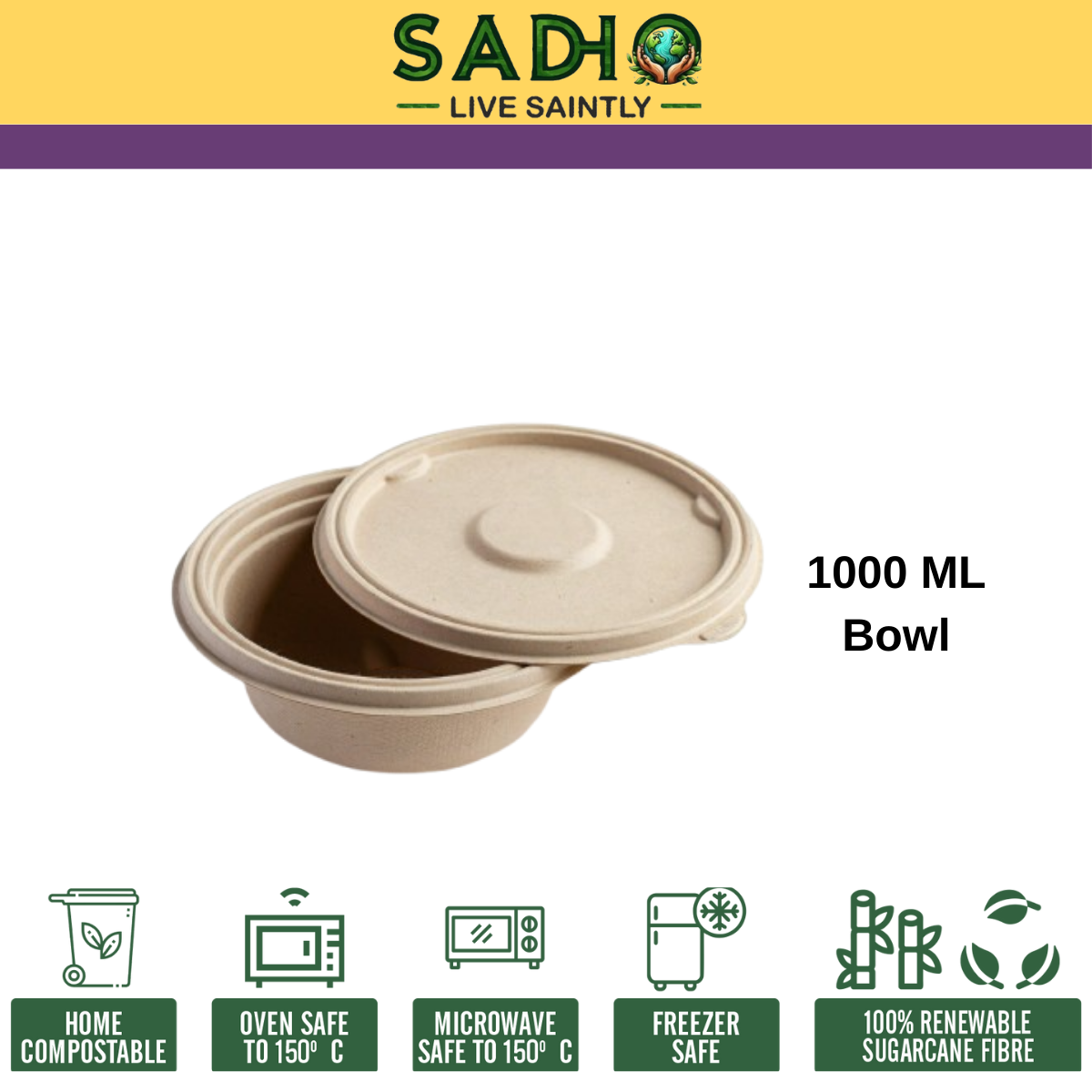 1000 ml (32oz) Round Bowl made of Unbleached Brown Bagasse