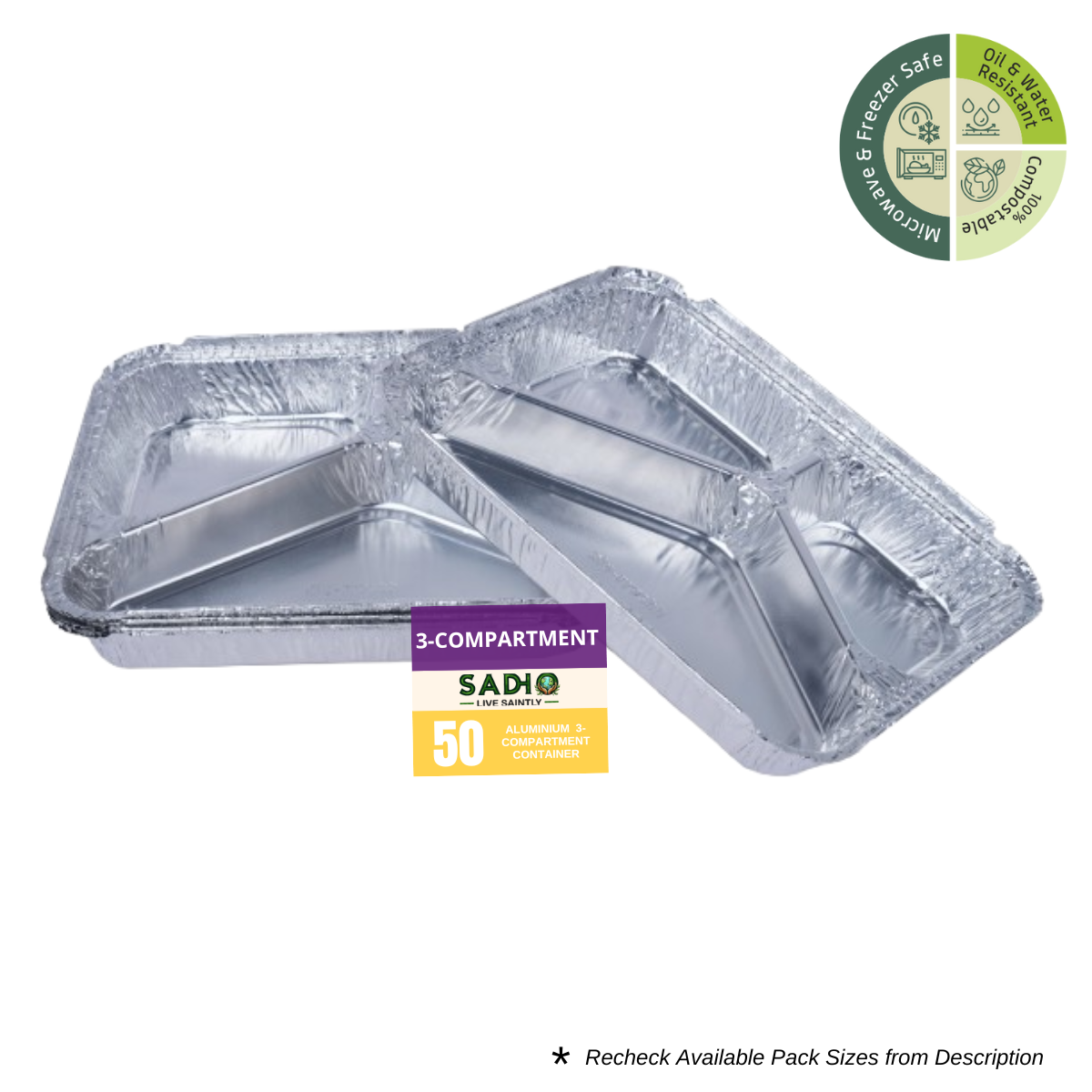 Sadho 3 Compartment Aluminium Foil Containers for Food Packing, Ovensafe Baking Containers, Food parcel boxes