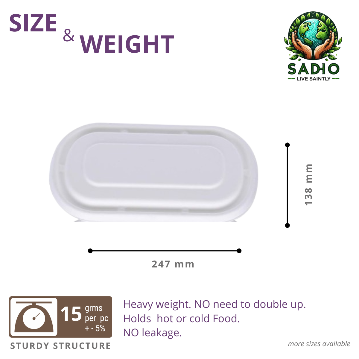 "Common Lid for 500 ml, 750 ml &  1000 ml containers (Rectoval) made of Bleached White Bagasse"