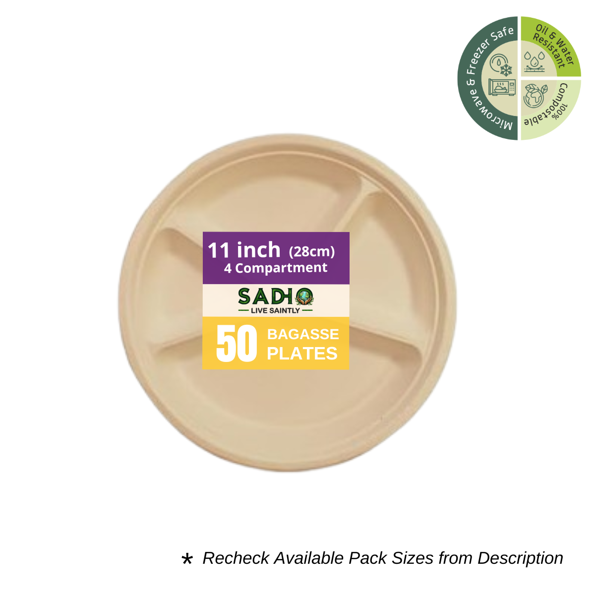 11 inch (28cm) plates with 4 Compartments (Round) made of Unbleached Brown Bagasse