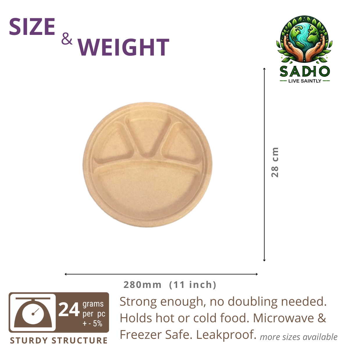 11 inch (28cm) plates with 4 Compartments (Round) made of Unbleached Brown Bagasse