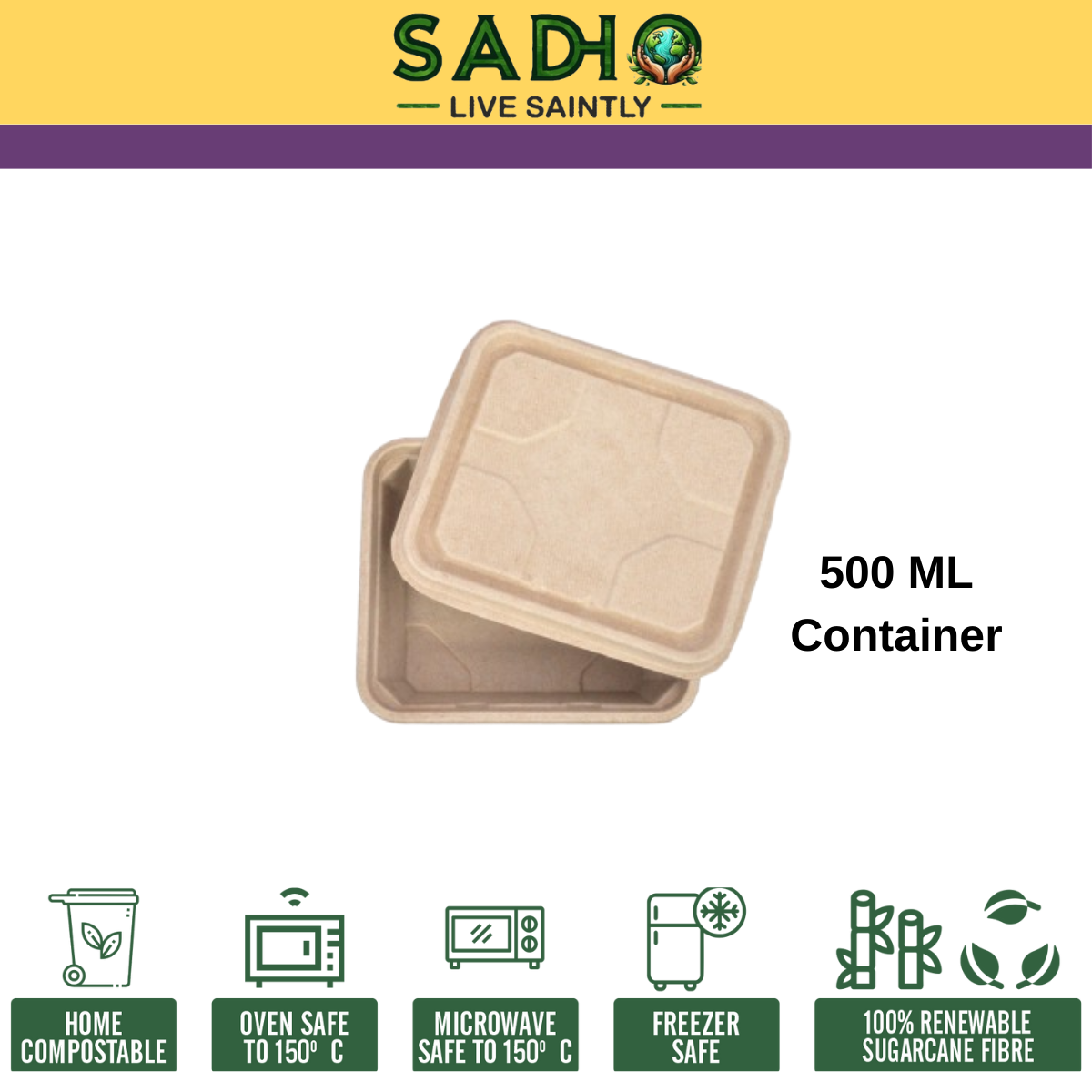 500 ml Container made of Unbleached Brown Bagasse