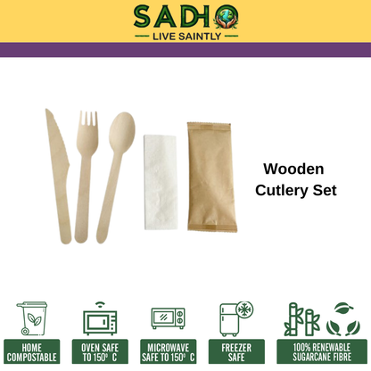 160 mm Wooden Spoon, Fork, Knife and Napkin set in Craft Paper